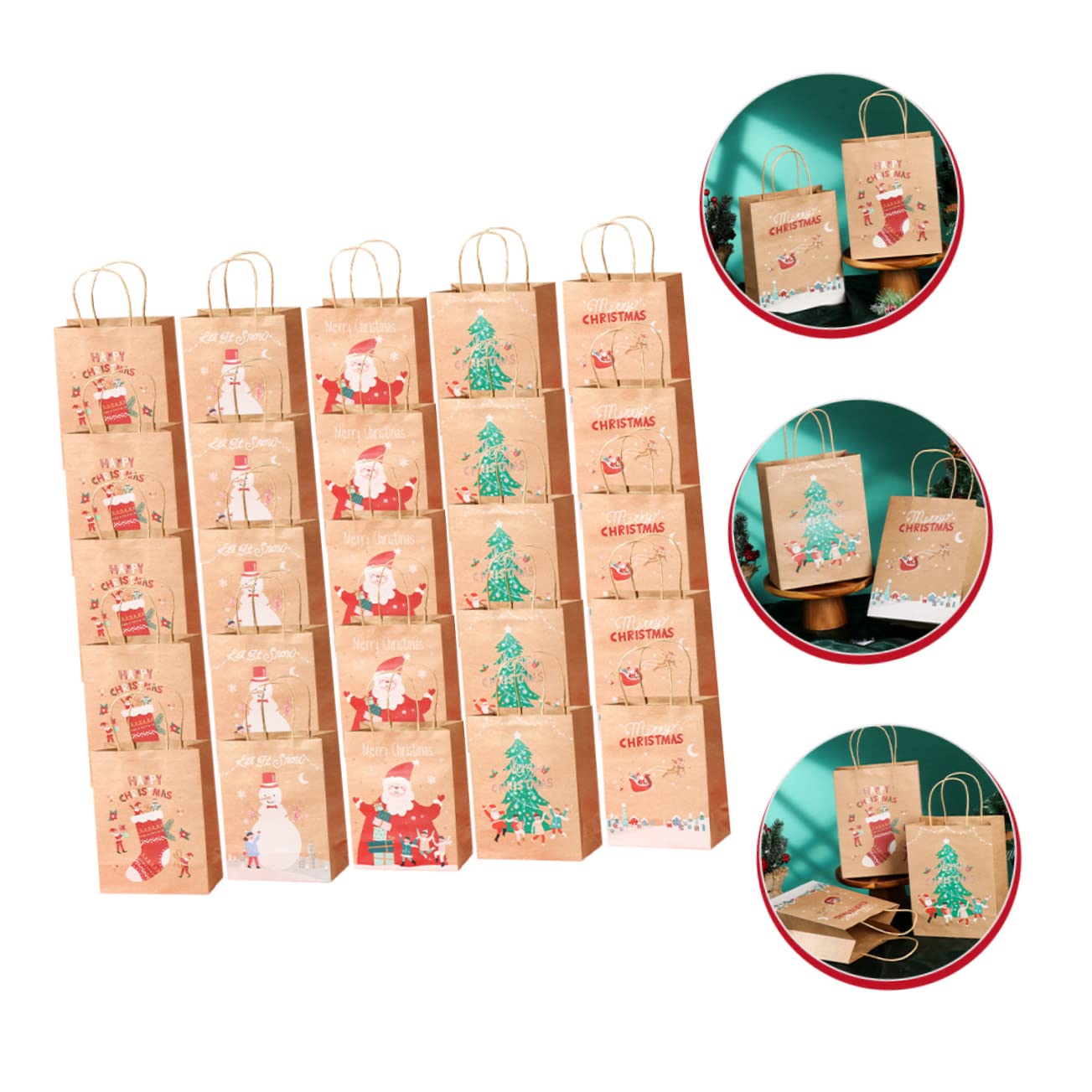 Hoement 25pezzi Bors Carta Natalizie Sacchetti Con Manici Per Caramelle Snack e Piccoli Regali Design Festivo Con Motivi Di Natale Materiale Sicuro Qualità