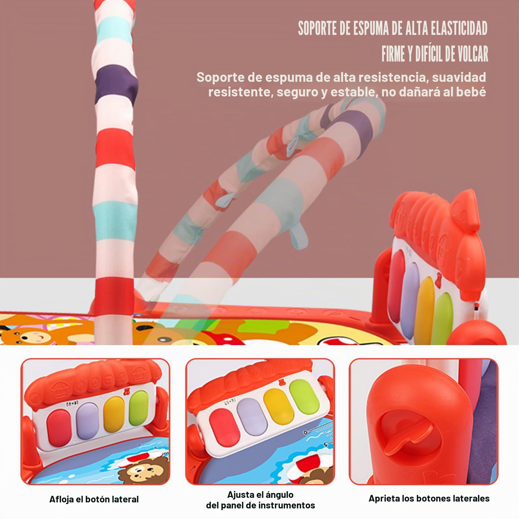 Centro de actividades para bebés con música y luz, divertido tapete de juegos para bebés seguro y extraíble con sonajero colgante tabla ajustable para recién nacidos niños pequeños, sin batería