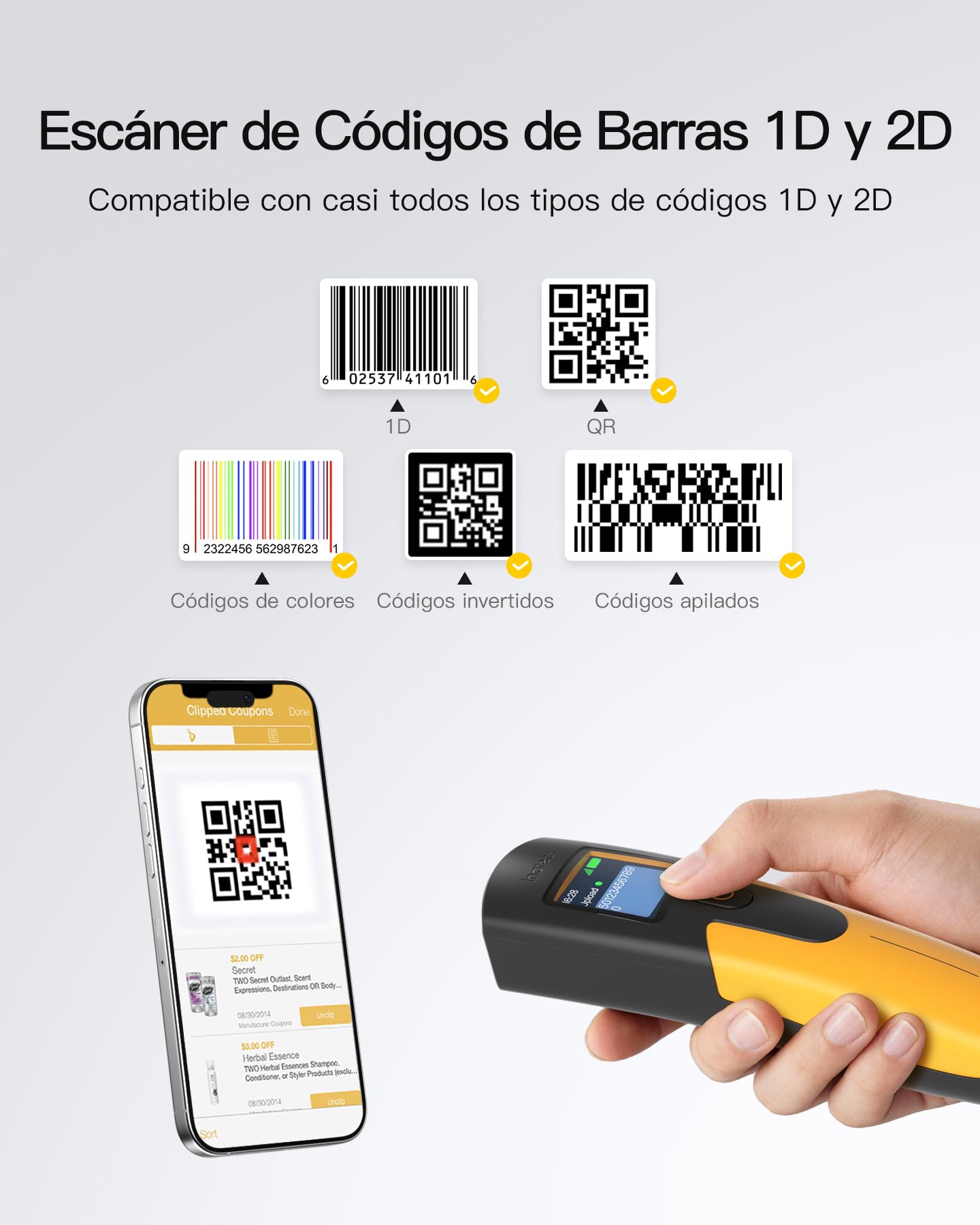 Inateck Escáner de código de Barras inalámbrico 1D 2D, escáner de código QR pequeño Bolsillo para inventario, Bluetooth 3 en 1 y Cable USB y 2,4 G inalámbrico, 2600 mAh, para PC, Tablet, Android, iOS