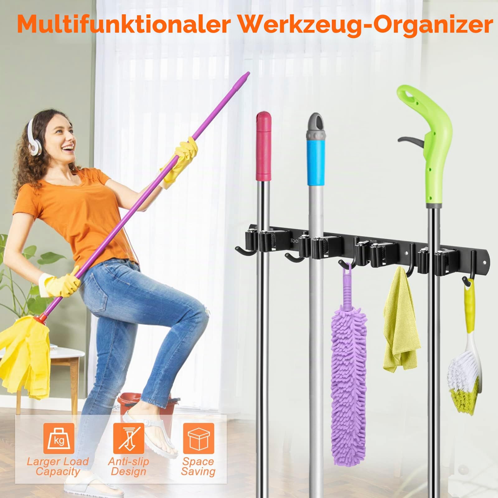 ibell 2 Stück Besenhalterung Wand, 8 Halter + 10 Haken Gerätehalter Edelstahl Wandhaken Selbstklebend, Besenhalter Wandhalterung Gartengerätehalter mit Schrauben, Schwarz Werkzeughalter für Garage