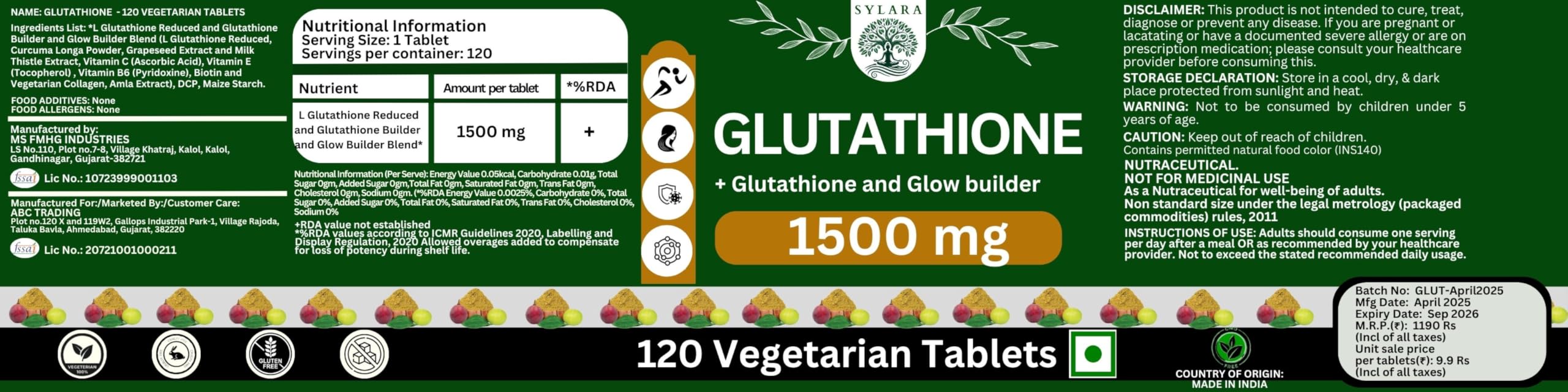 Sylara 1500 Mg Glutathione Tablets For Skin Whitening 120 Tablets