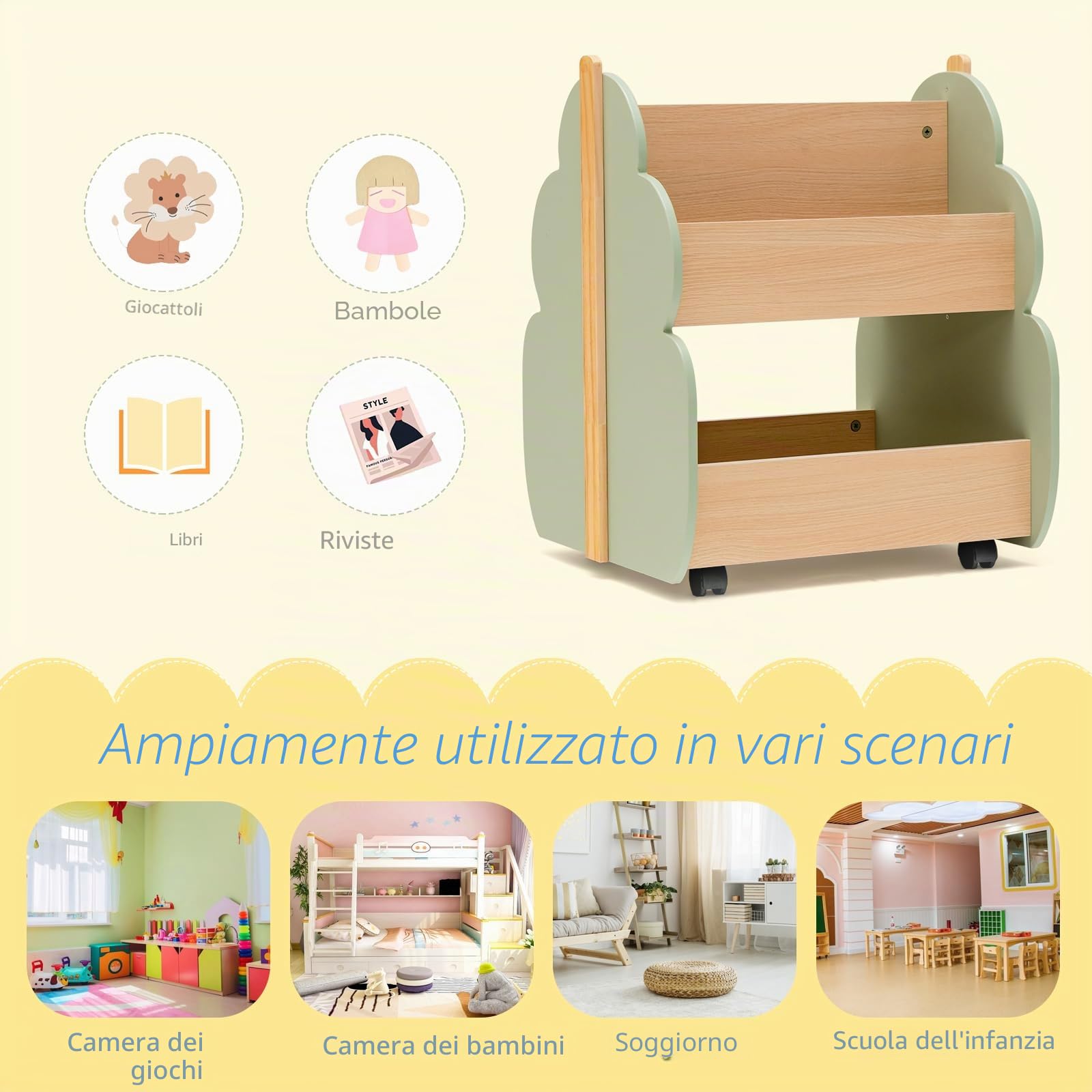 HOMASIS Libreria Montessoriana per Bambini con 2 Scomparti, Scaffale per Bambini in Legno con 4 Ruote, Cassapanca Portaoggetti per Camera dei Bambini, Sala Giochi e Asilo (Verde)