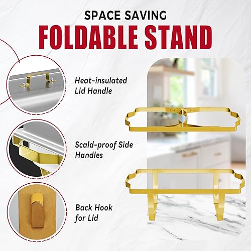 Miniatura 4 de IMACONE Juego de 2 recipientes de bufé de acero inoxidable de 8 cuartos de galón rectangulares y calentadores de buffet para catering, con bandeja