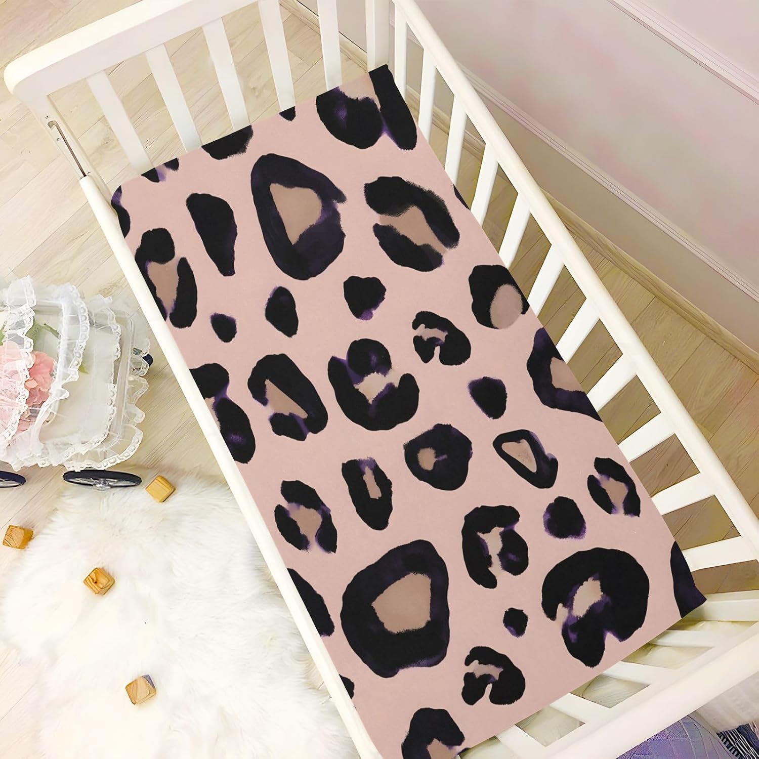 Leopard Print Cheetah Pink Crib Sheets Stretchy Portable Sheets for Baby Toddler Breathable Soft Crib Mattress Sheet for Girls Boys