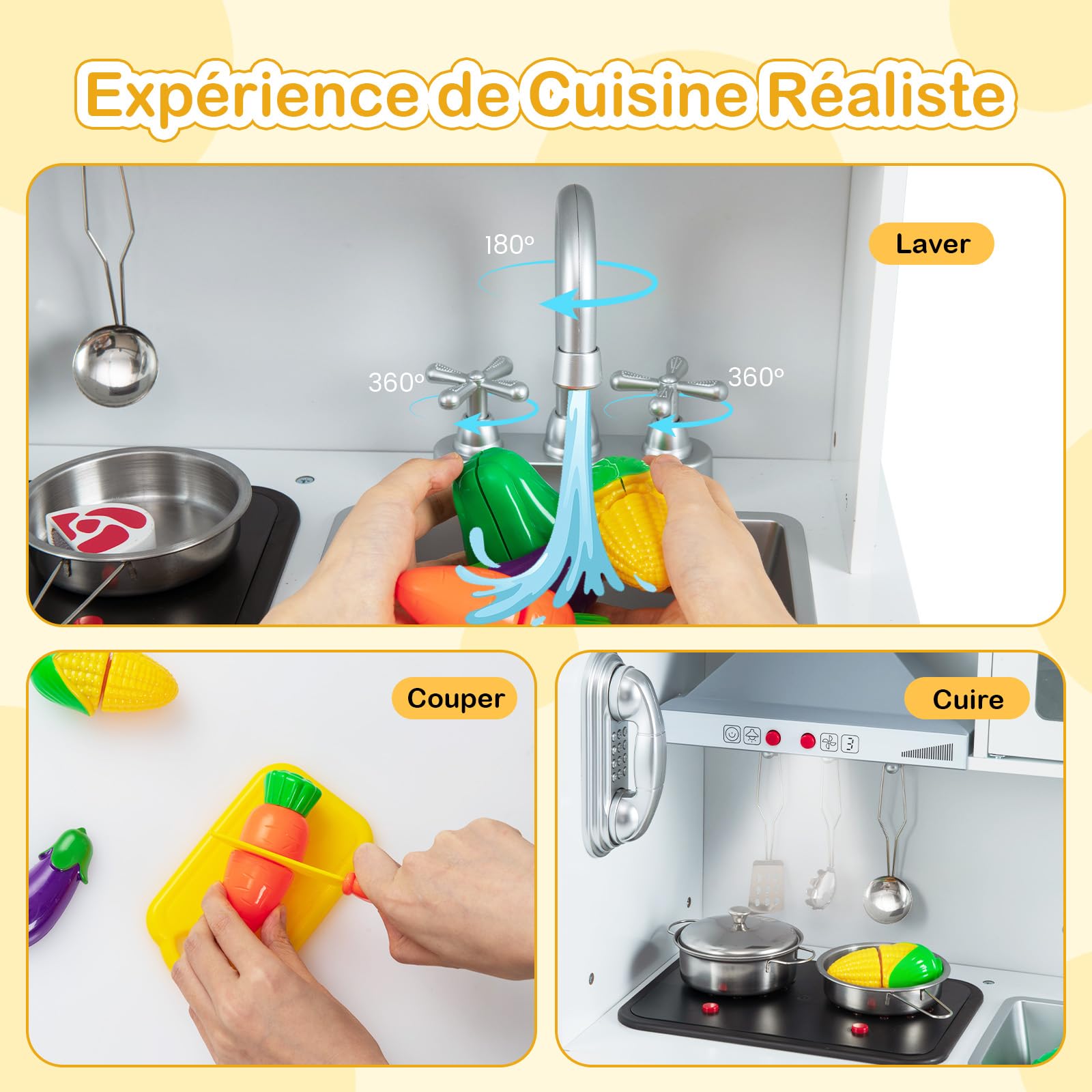 GOPLUS Cuisine Enfant, Jouet Cuisine avec Effets Lumineux et Sonores, Dinettes Réglable en Hauteur avec 16 Accessoires, Hotte, Machine à Glaçons, Téléphone, Idéal pour 3+ Ans (83x29x103cm,Blanc)