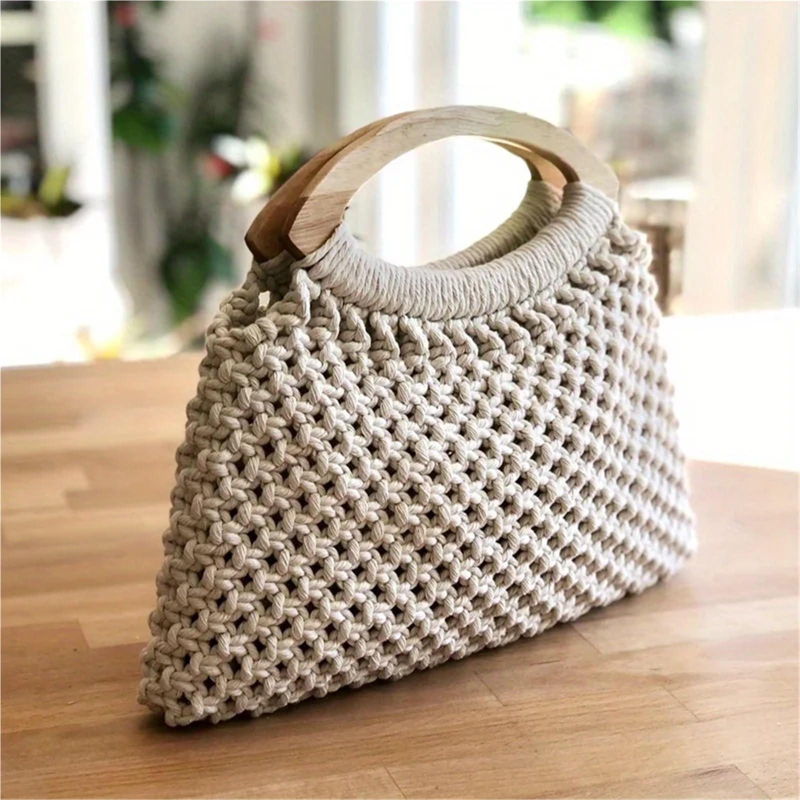 Manici per Borse Uncinetto 2 Manici a Forma di D in Legno massello, Borsa Intrecciata in Rovere, Borsa da Spiaggia in Lana all'Uncinetto(24x9cm Natural)