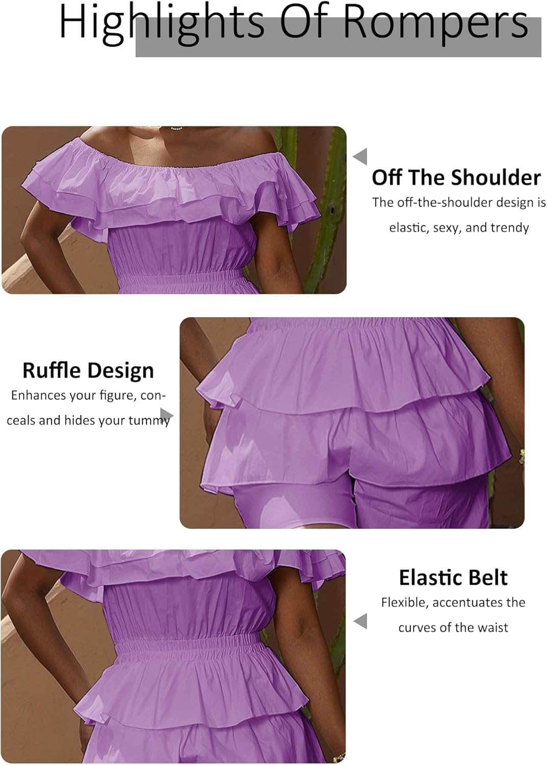 LAJIOJIO Romper for Women Sexy Off the Shoulder Ruffle Hem Pleated Short Jumpsuits - Image 4