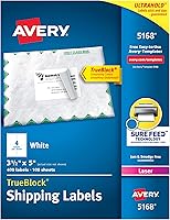 Avery 5168 Shipping Labels 3-1/2" x 5" Sure Feed 400 White Laser Printer Labels - UltraHold Adhesive TrueBlock