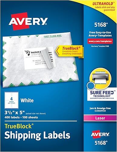 Avery Etiquetas de envío imprimibles con alimentación segura, 3-12 "x 5", blancas, 400 etiquetas de correo en blanco para impresoras láser (5168)