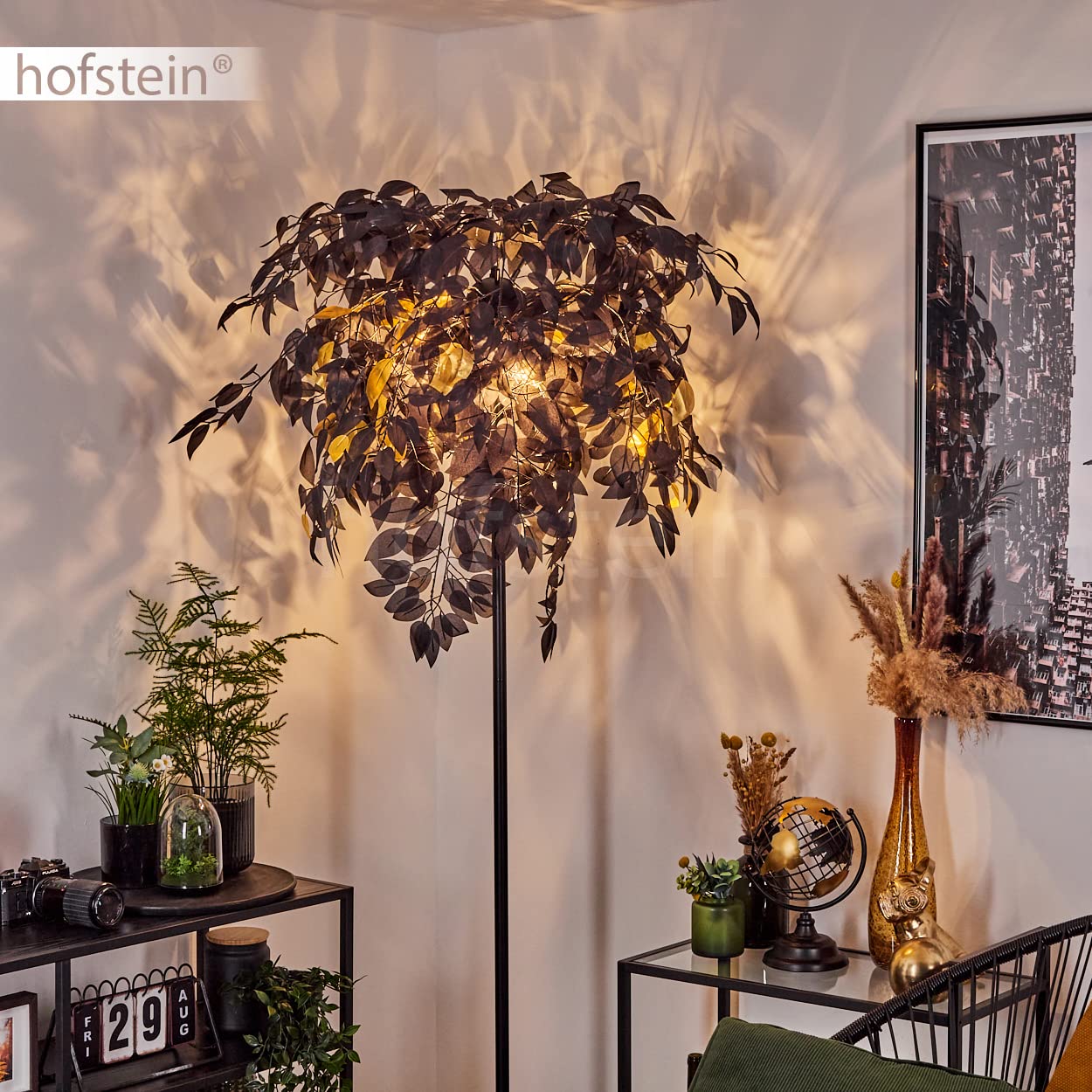 Lampa podłogowa Kallax, wykonana z metalu/plastiku w kolorze czarnym/złotym, z kloszem w optyce liścia, wysokość 190cm, z włącznikiem nożnym na kablu i efektem świetlnym, 3xE14, bez żarówek