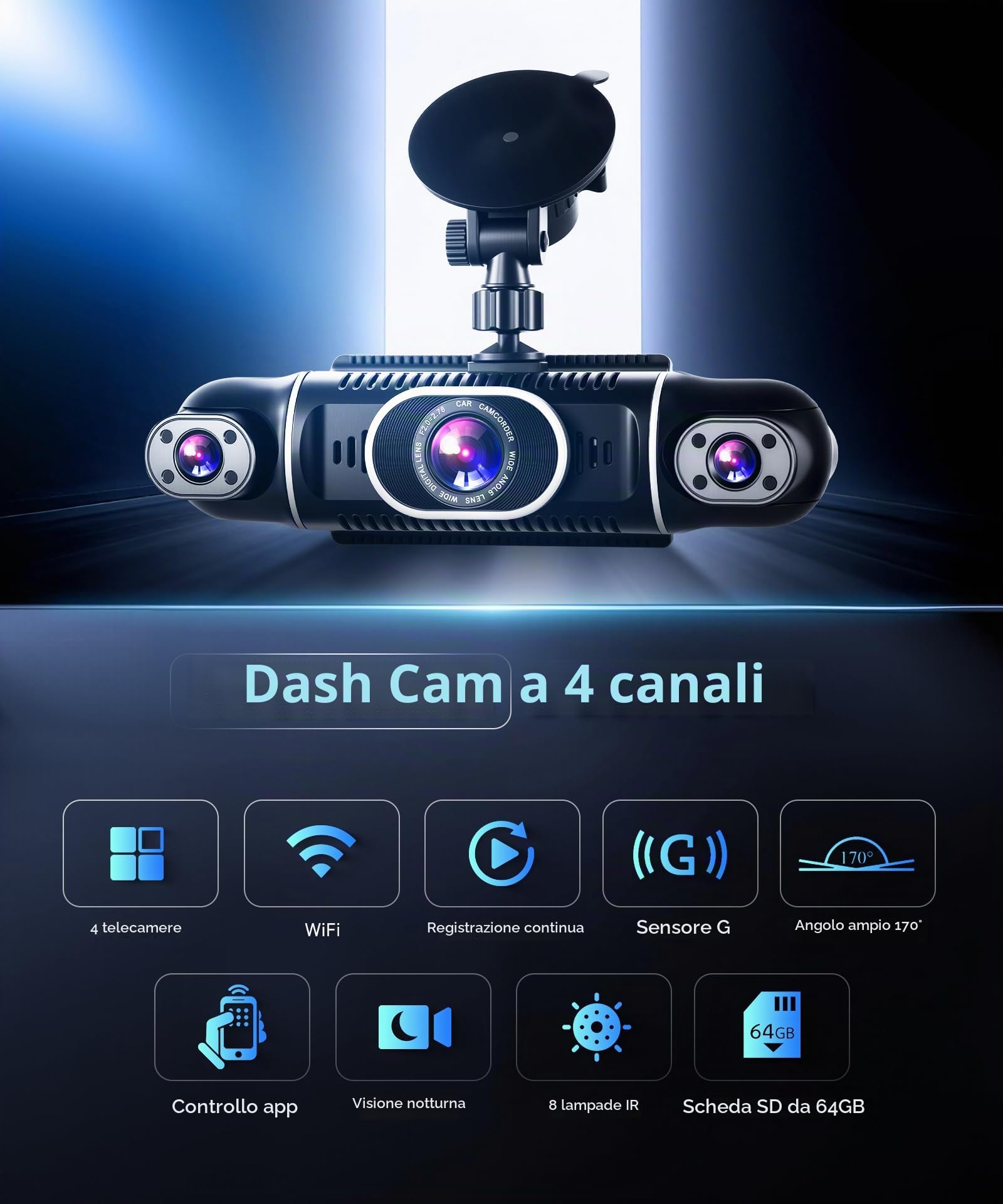 VECHTEL 2K Dashcam per auto anteriore e posteriore con WiFi, 4* Dash Cam 1080P Telecamera per auto con schermo IPS da 3 pollici,visione notturna,sensore G,protezione a 360 gradi,supporta 128 GB