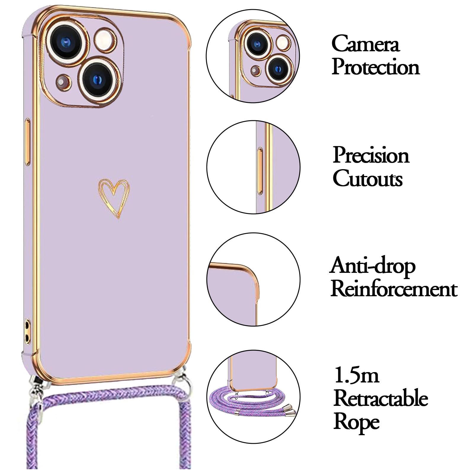 vumebao Mobile Phone Chain for iPhone 15, Case with Strap, Mobile Phone Case Heart Love Design Silicone Bumper Cord - Image 2