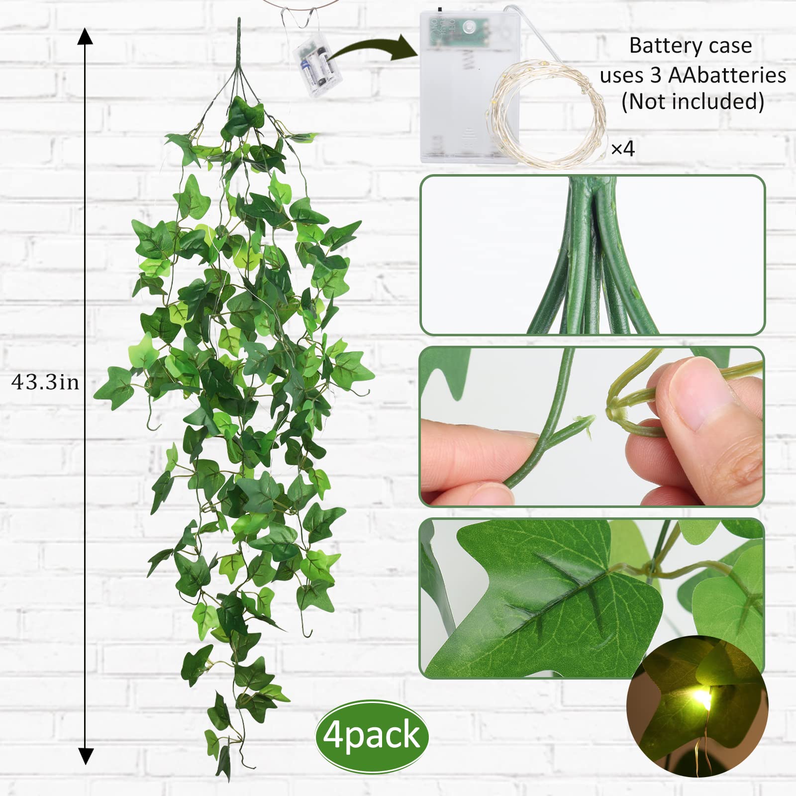 RECUTMS 4 Pack Artificial Vines Hanging Fake Plants Silk Ivy with 30 LED Fairy String Lights Indoor and Outdoor Home Garden Hotel Green Leaves Decoration - Image 2