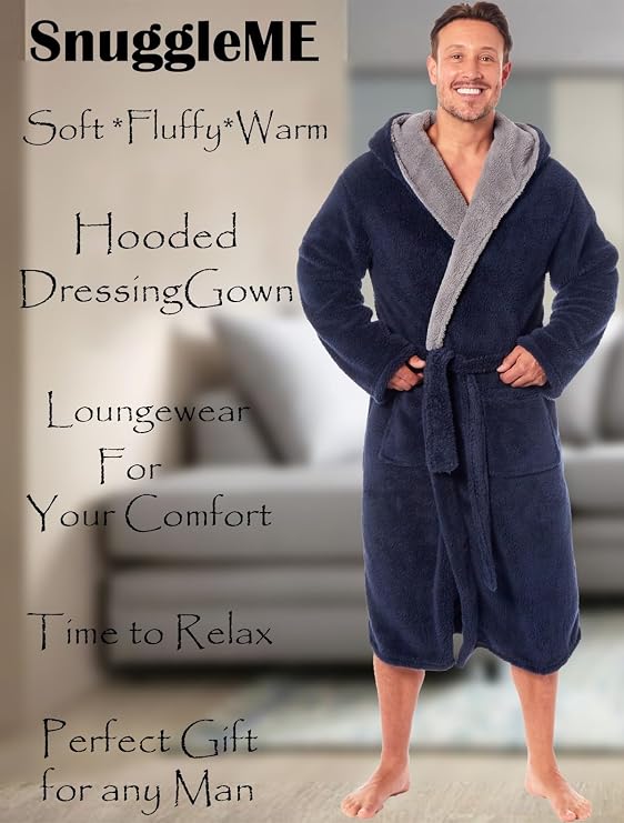 SnuggleME Dressing Gowns for Men | Super Soft Snuggle Hooded Dressing Gown | Men's Warm and Cozy Fleece Nightwear Robe | Gifts for Him