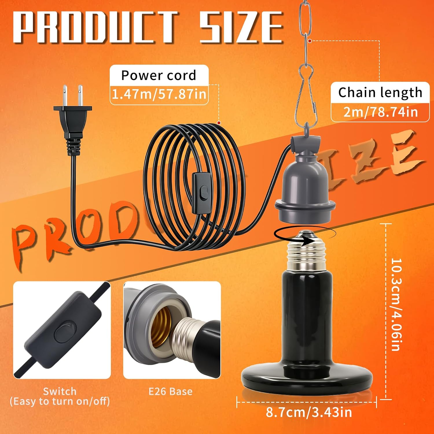 100W Ceramic Heat Lamp Kit for Chicken & Reptile, No Light, E26,Adjustable | E26 Socket with Plug in Cord, On/Off Switch, 2M Adjustable Chain, Heat Emitter Kit for Chicks, Birds, Lizards, Dogs
