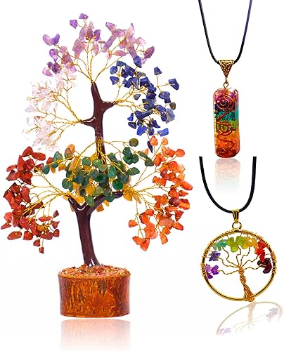Combo de árbol de siete chakras, colgante de árbol de la vida y colgante de orgón de 7 chakras, árbol de cristal para energía positiva, bonsái de