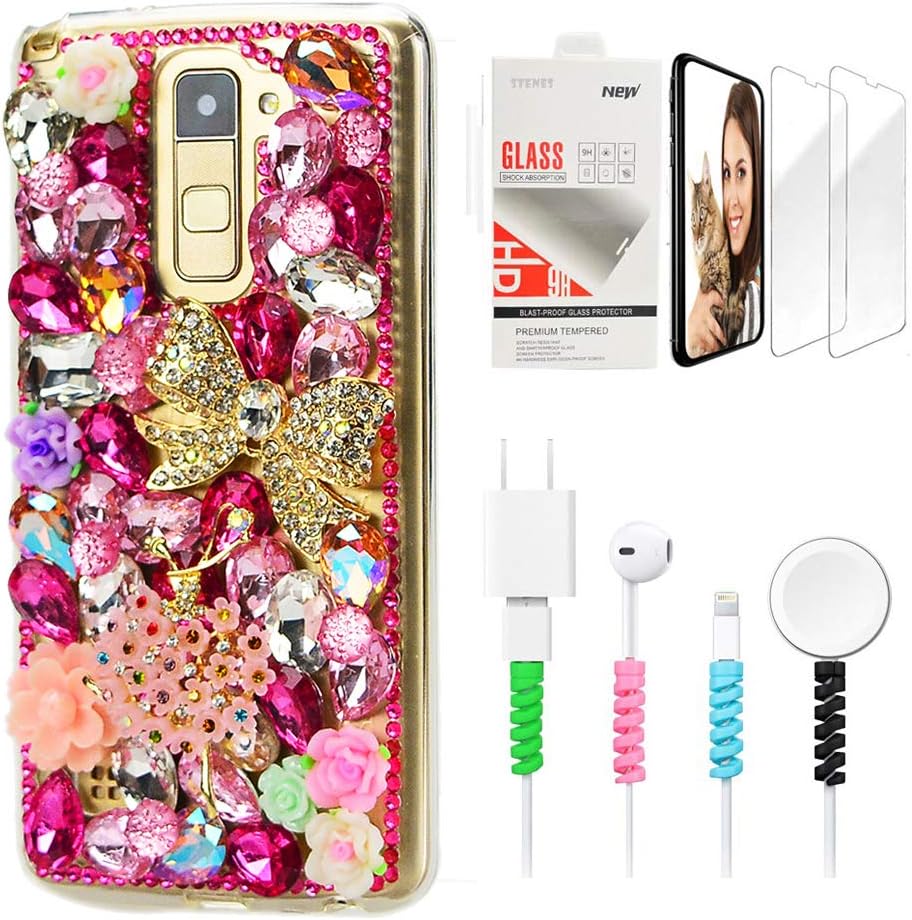 STENES Bling Phone Case Compatible with LG Stylo 5 / Stylo 5V / Stylo 5 Plus - Stylish - 3D Handmade Sparkle Series Dragonfly Rose Flowers Design Cover with Screen Protector & Cable Protector - Blue