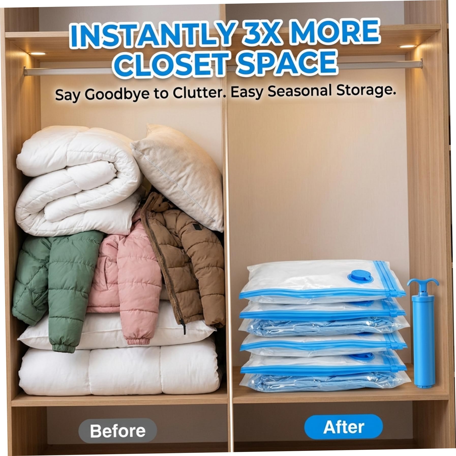 Platzsparende Beutel im 12er-Pack, Kompressionsbeutel mit manueller Pumpe, 4 M/L/XL-Vakuumaufbewahrung für saisonale Kleidung, Decken und Reiseverpackungen.