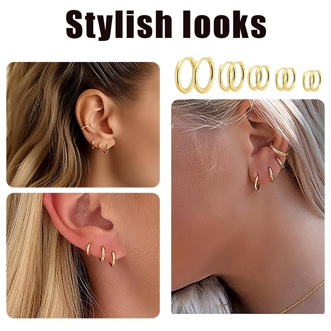 JEYORZY 5 paia Orecchini Acciaio Inossidabile di Orecchini Cerchio Piccoli per Uomini e Donne Ipoallergenici Set, leggeri, cartilagine, Orecchini Uomo Cerchio 8-16mm (Oro)