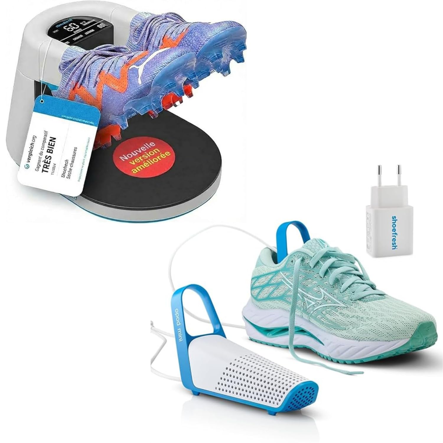 Shoefresh Kit Entretien Chaussures – Sèche-Chaussures Électrique avec Désodorisant à Oxygène Actif + Opod Mini USB-C Séchoir Portable & Anti-Odeur pour Baskets, Chaussures de Sport, Bottes, Chaussures