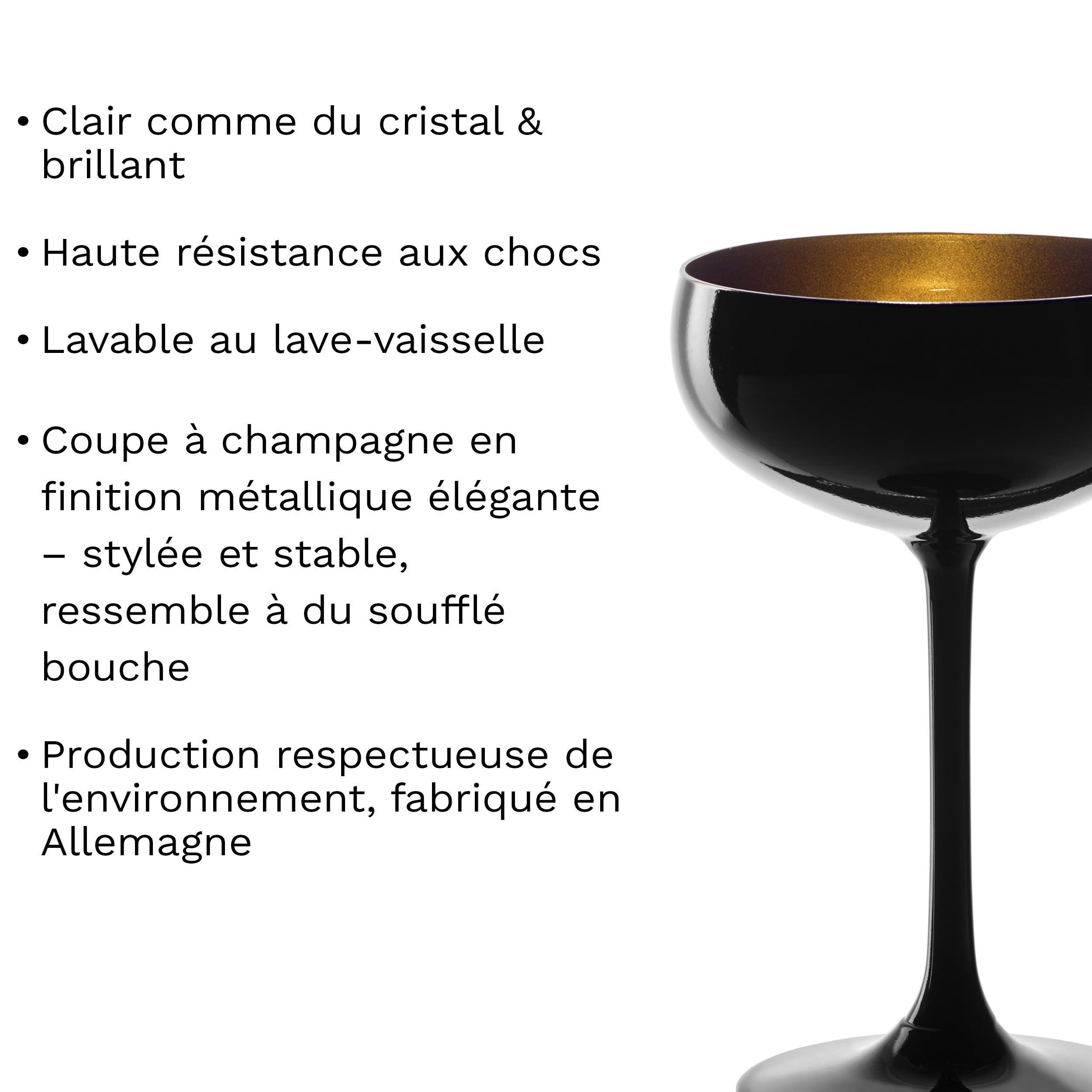 Stölzle Lausitz Coupes à Champagne Elements 6x230 ml – Verres Élégants en Cristal Noir/Or – Idéal pour Champagne, Prosecco & Cocktails – Résistants aux Chocs, sans Plomb, Lavables au Lave-Vaisselle