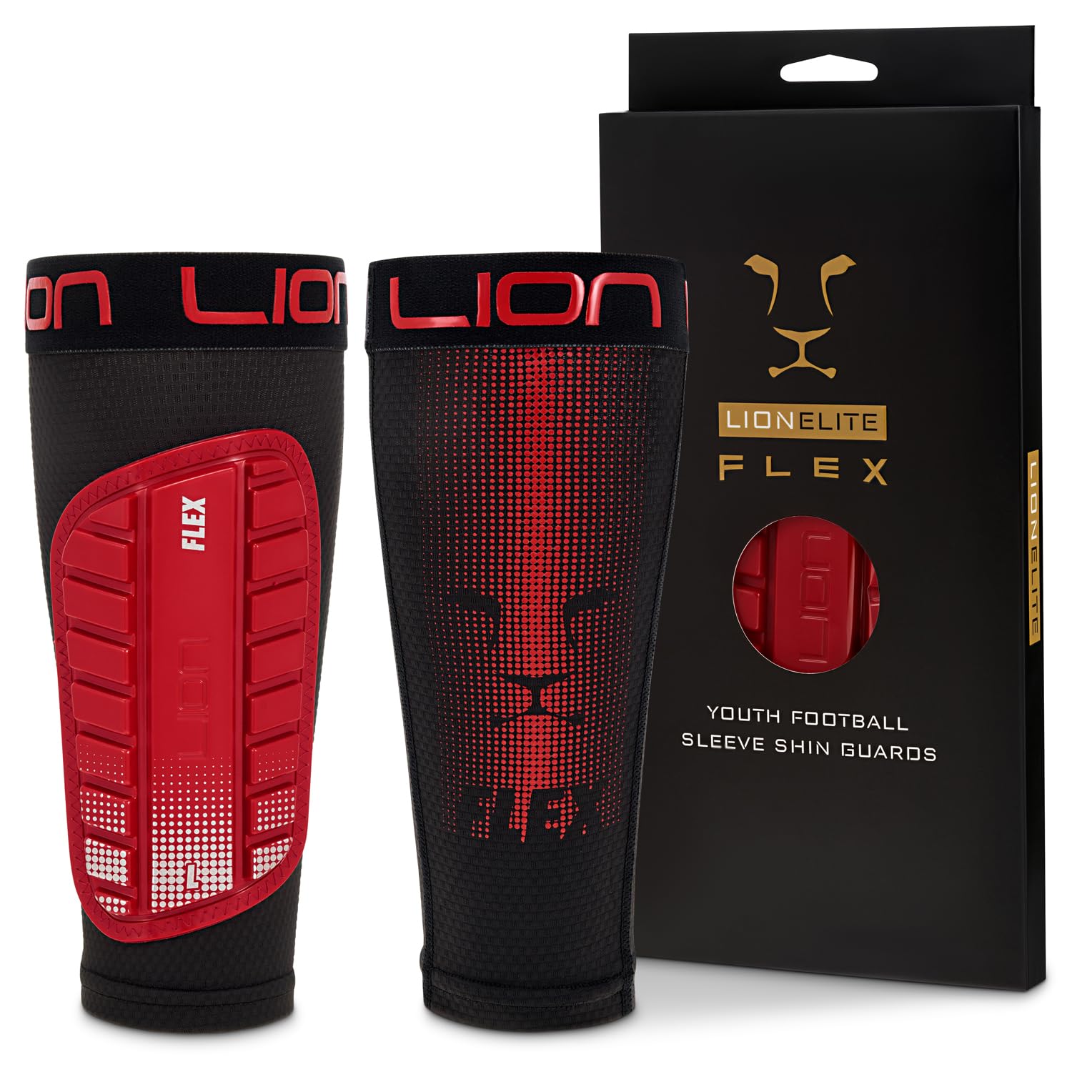 LION ELITE Youth Shin Pads with Sleeves – Flexible Football Shin Guards for Kids – Non-Slip, Multiple Colours | Red - Youth Medium