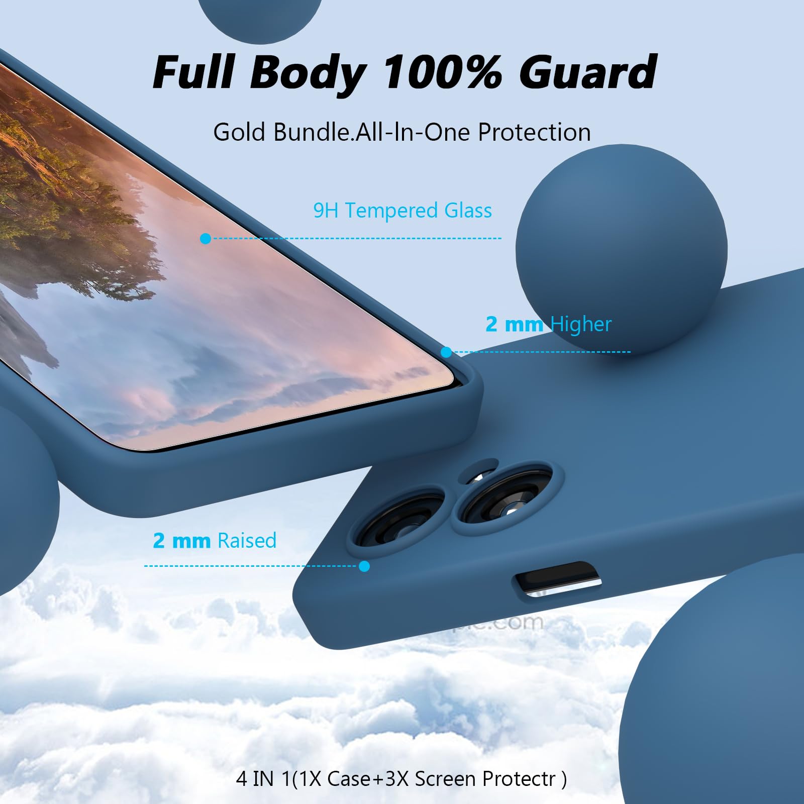 Neseovge for OnePlus Nord N30 5G Phone Case with 3 Pack Tempered Glass Screen Protectors, Soft Liquid Silicone TPU with Microfiber Liner Full-Body Protective Cover Case for OnePlus Nord N30, Dark Blue