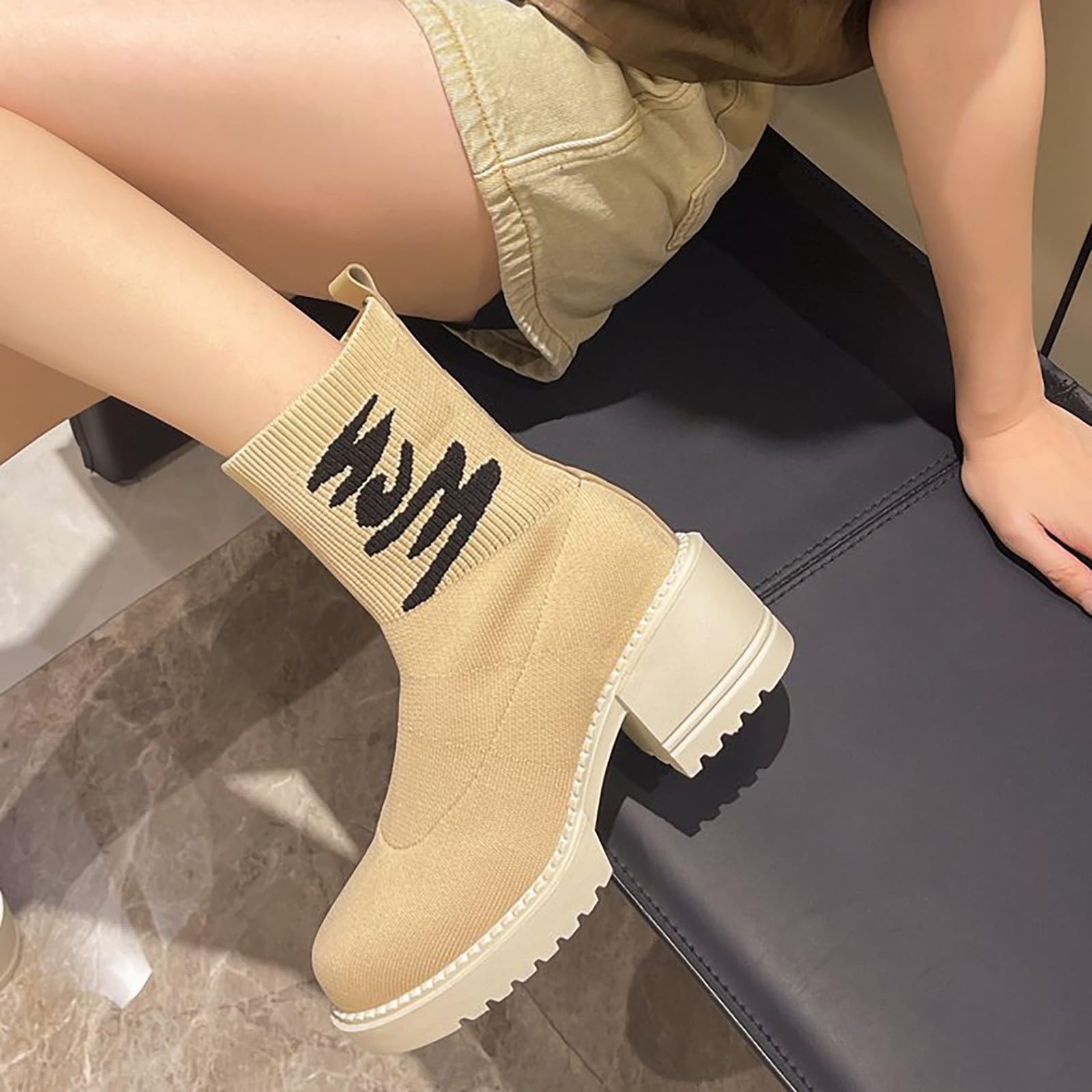 Stivali da donna con punta tonda eleganti con tacco | Stivali da equitazione Chelsea a media altezza, antiscivolo, in similpelle (beige, nero, rosso)