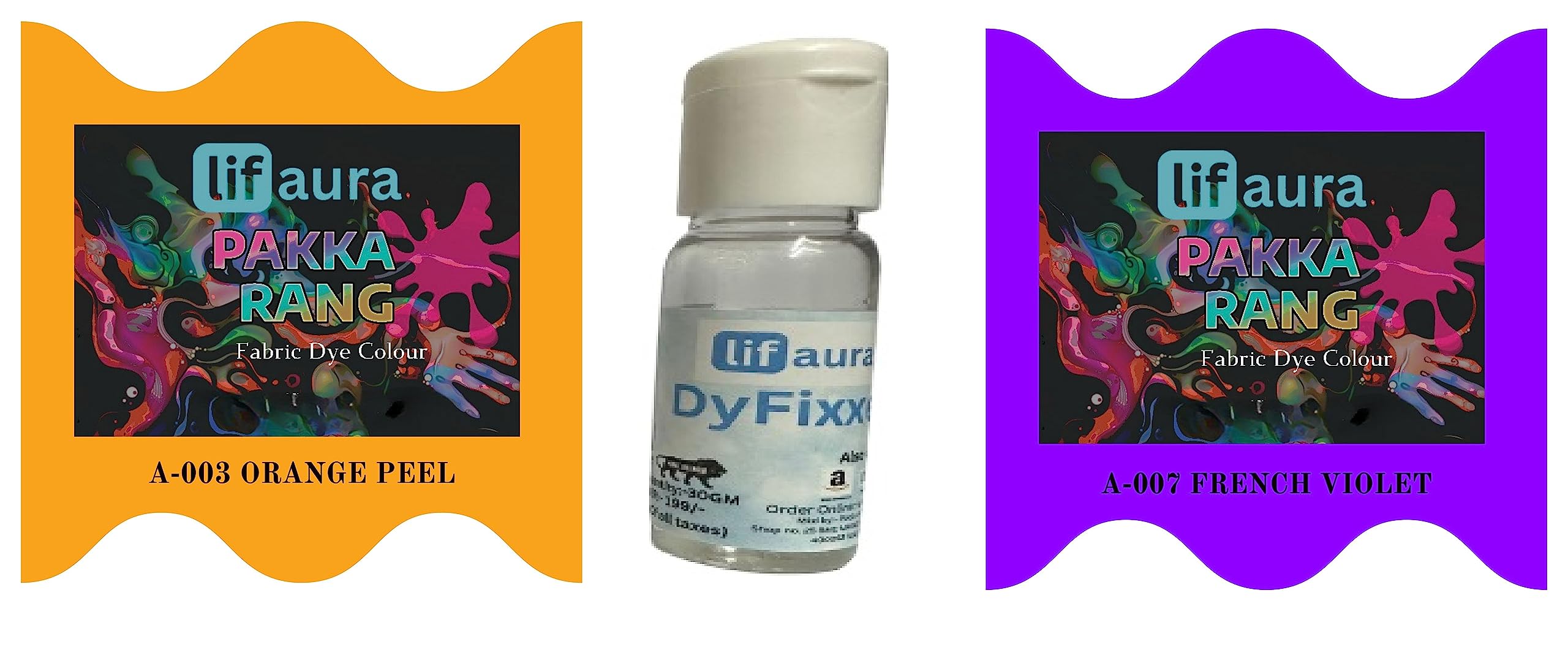 Prokart Lifaura Pakka Rang Fabric Permanent Dye Color Kit Pack of 6 Sachets (5g Each 30g Pack) with 30g DyfixerShadeA-003 Orange Peel03 & Violet07 Each Color 3 sachets-image-25