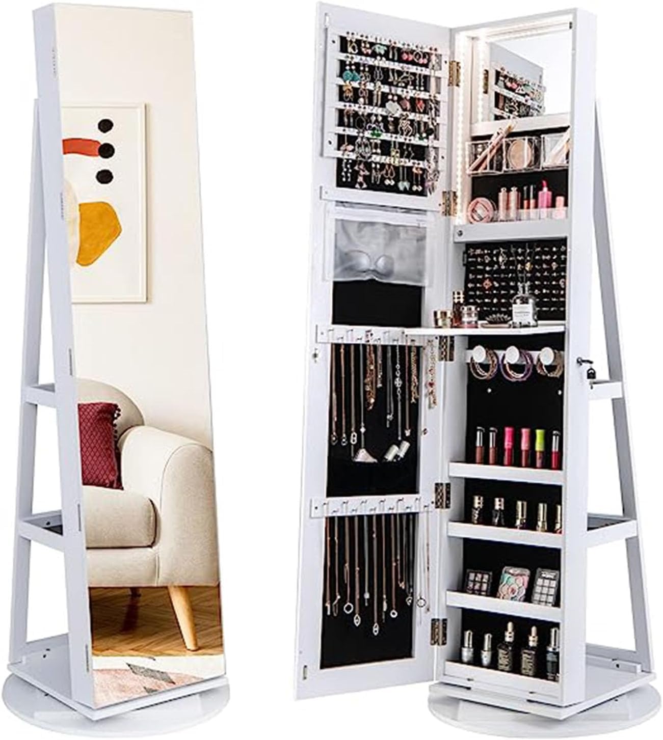 GOPLUS Armario de Joyería con Espejo de Cuerpo Entero, 161 x 54,5 x 10cm, Armario Joyero Giratorio 360° con Luz LED de 3 Colores, Espejo de Maquillaje Interior, Organizador con Cerradura(Blanco)