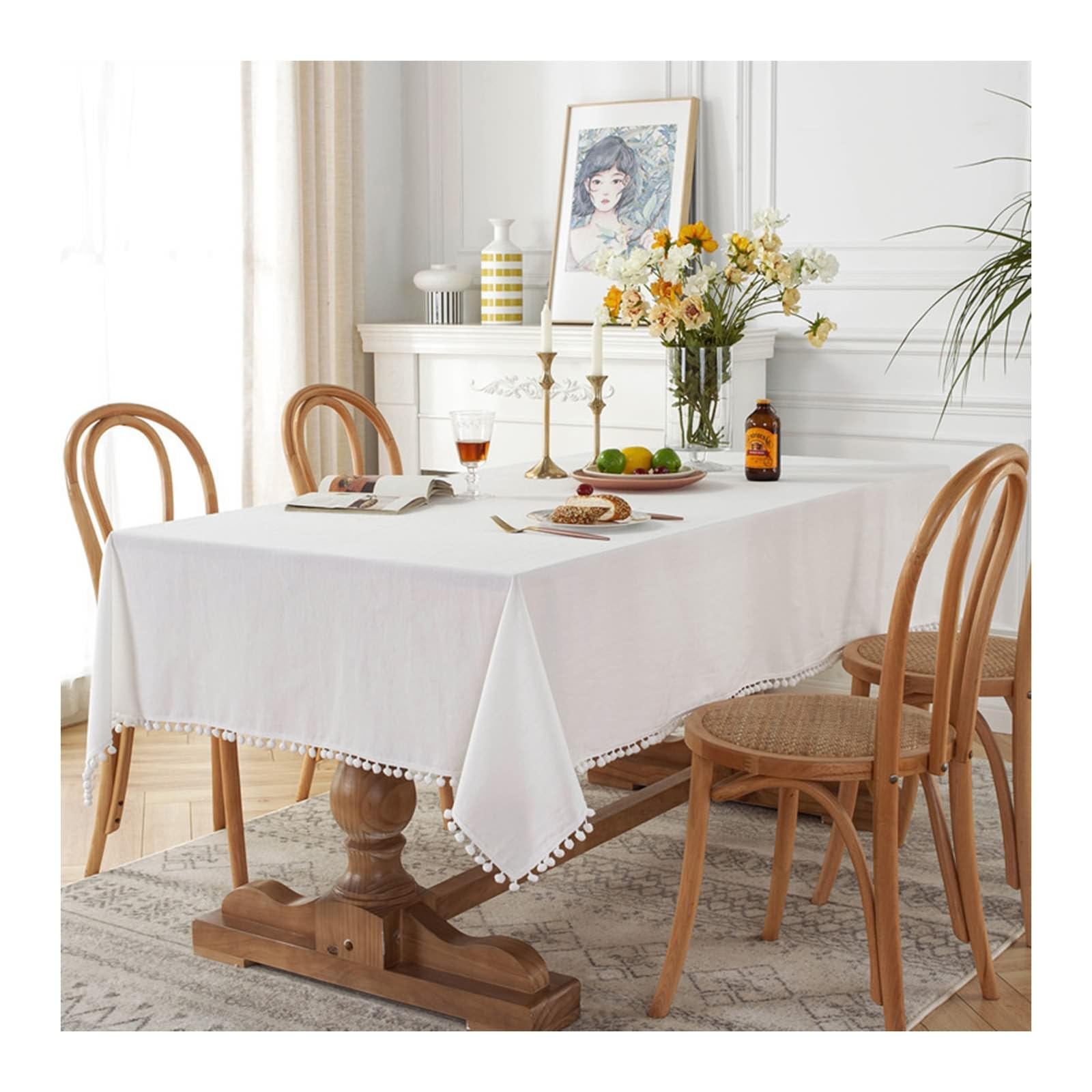 Daesar Manteles para Mesa Rectangular,Manteles Antimanchas Algodón Color Sólido con Pompones Mantel Color Blanco,100x140CM(55x39Inch)