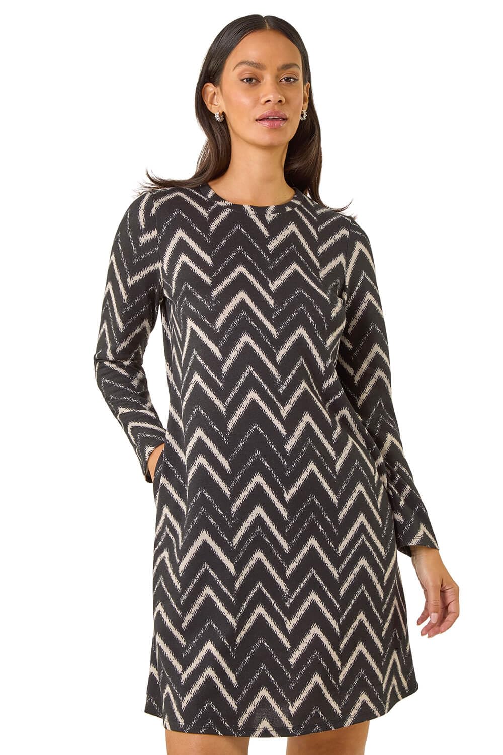 Roman Originals Women's Stripe Black Tunic Dress With Pockets For Uk Swing Fit & Flare Skater Slouch Stretchy Casual Smart Winter Jersey Pull On Work Office 3/4 Long Sleeves - Size 12