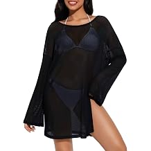 Women's Mesh Sheer Swimsuit Cover up Side Slit Tie Long Sleeve Beach Skirt Multi-Way Wear Bikini Swim Coverup