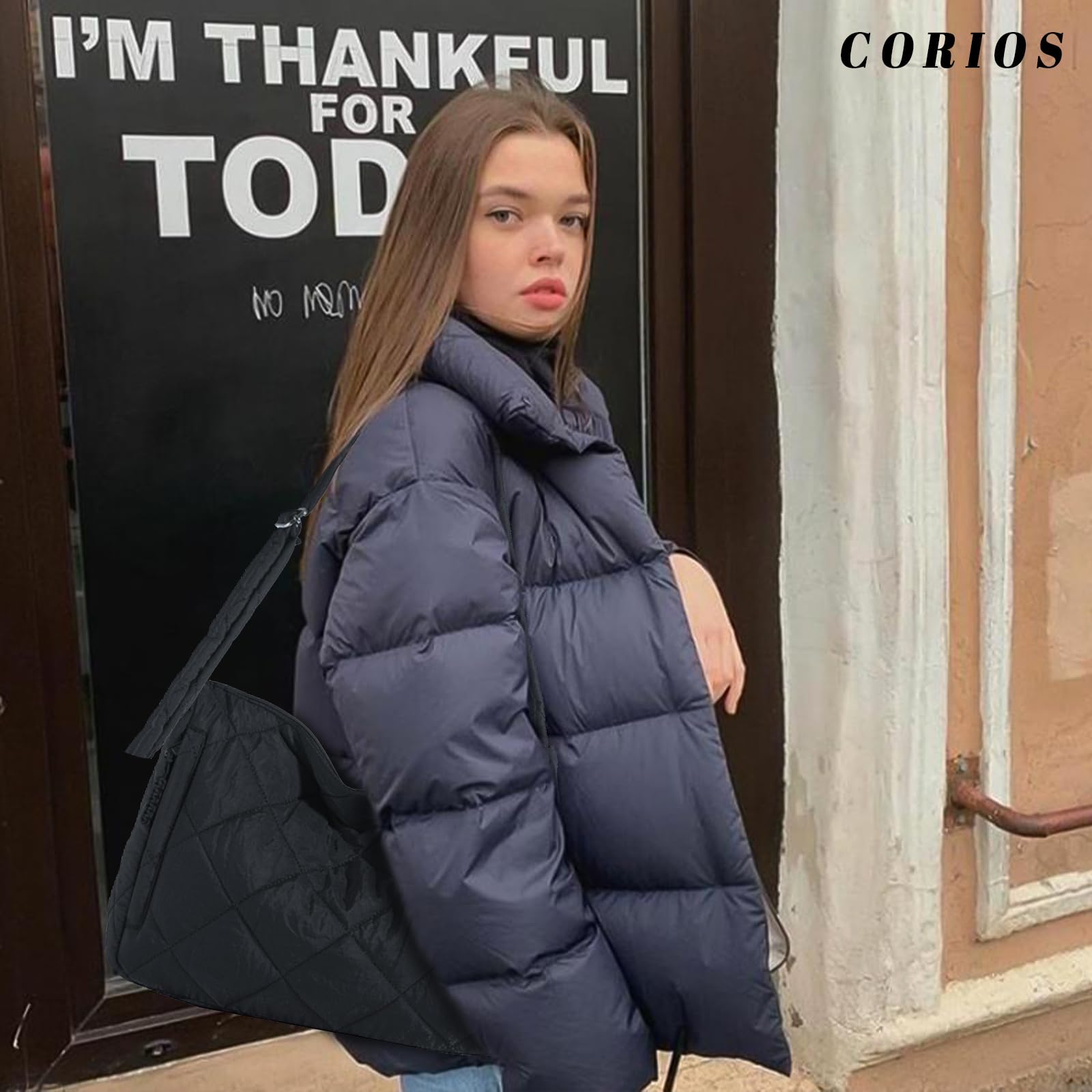 Bolso Acolchado para Mujer Nylon Bandolera Ligero Elegante Gran Capacidad Tote para Trabajo Viajes Compras Negro