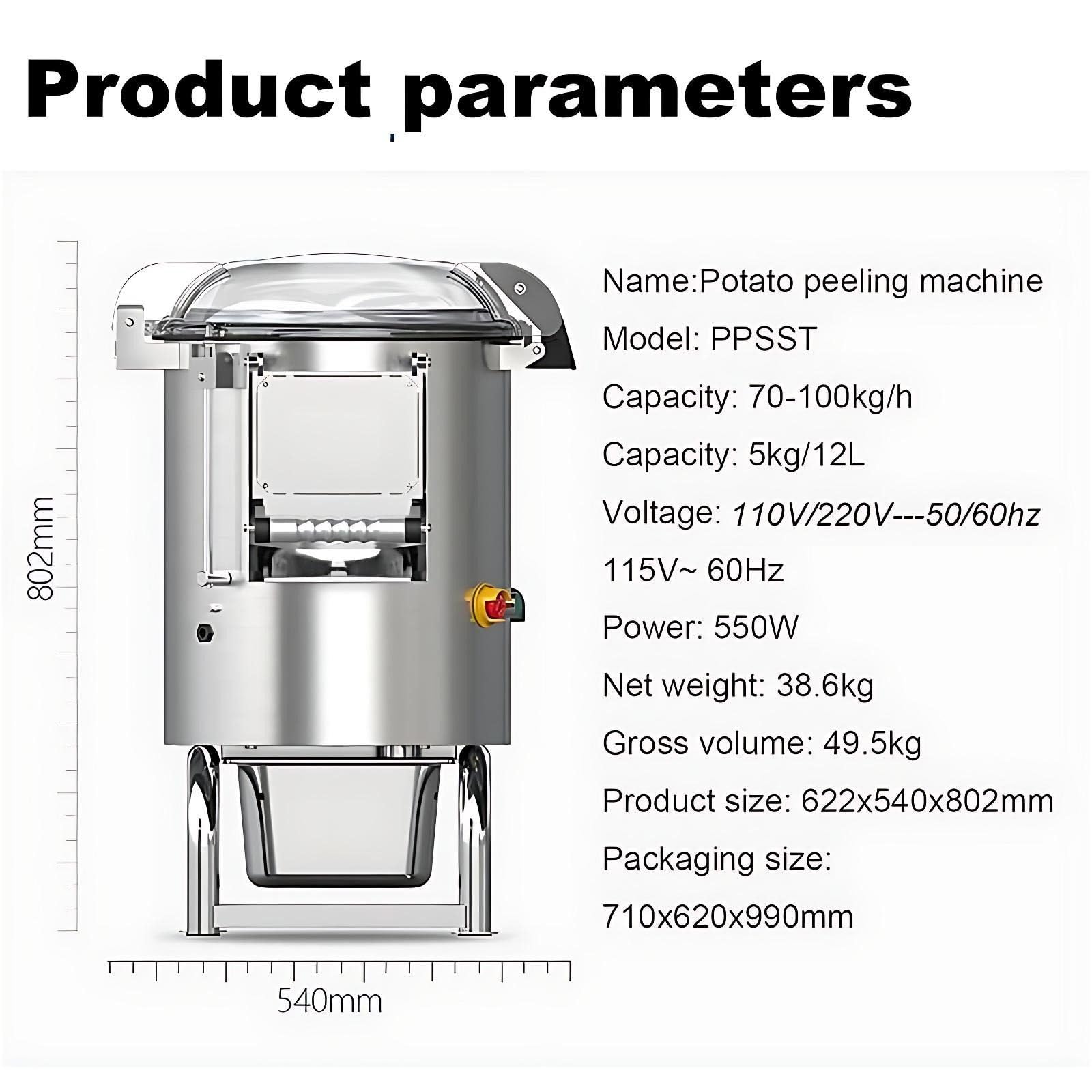 Pelador de Patatas eléctrico Profesional con depósito Grande - Automático para Patatas y Zanahorias, 70-100 kg/h, 5 kg/12 L y 10 kg/22 L, 550 W/750 W 5kg/12L