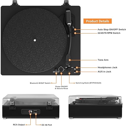 Miniatura 8 de Reproductor de discos de vinilo con transmisor inalámbrico de entradasalida Bluetooth, placa de tamaño completo, tocadiscos de 3 velocidades,