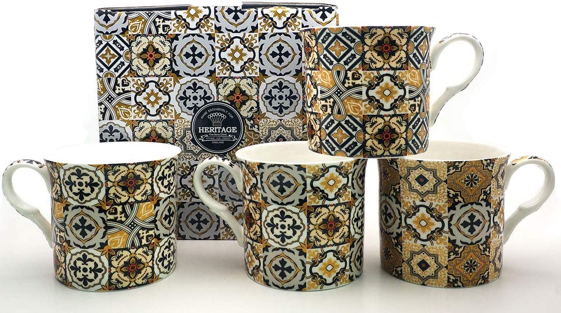 FINE Bone China Set of 4 Mugs Gift Boxed Assorted Black AZULEJO Mugs Free UK DELIVERY