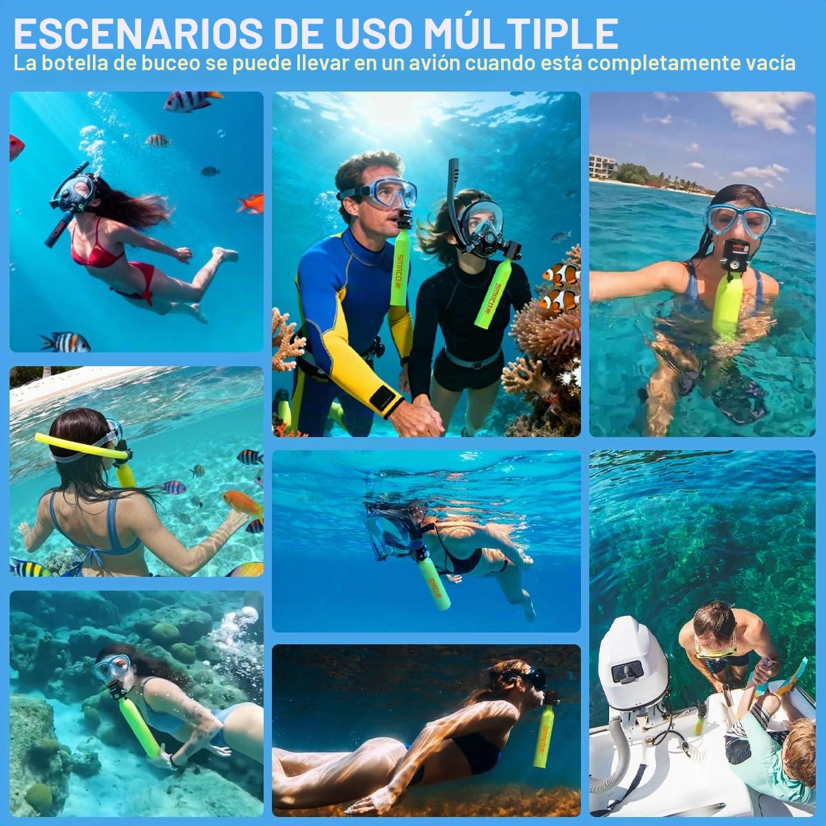 SMACO Mini tanque de buceo de 0,5 L, portátil, reutilizable, cilindro de buceo de emergencia para esnórquel, buceo libre, limpieza de barcos y respaldo de aire, diseño ligero y compacto, botella Pony