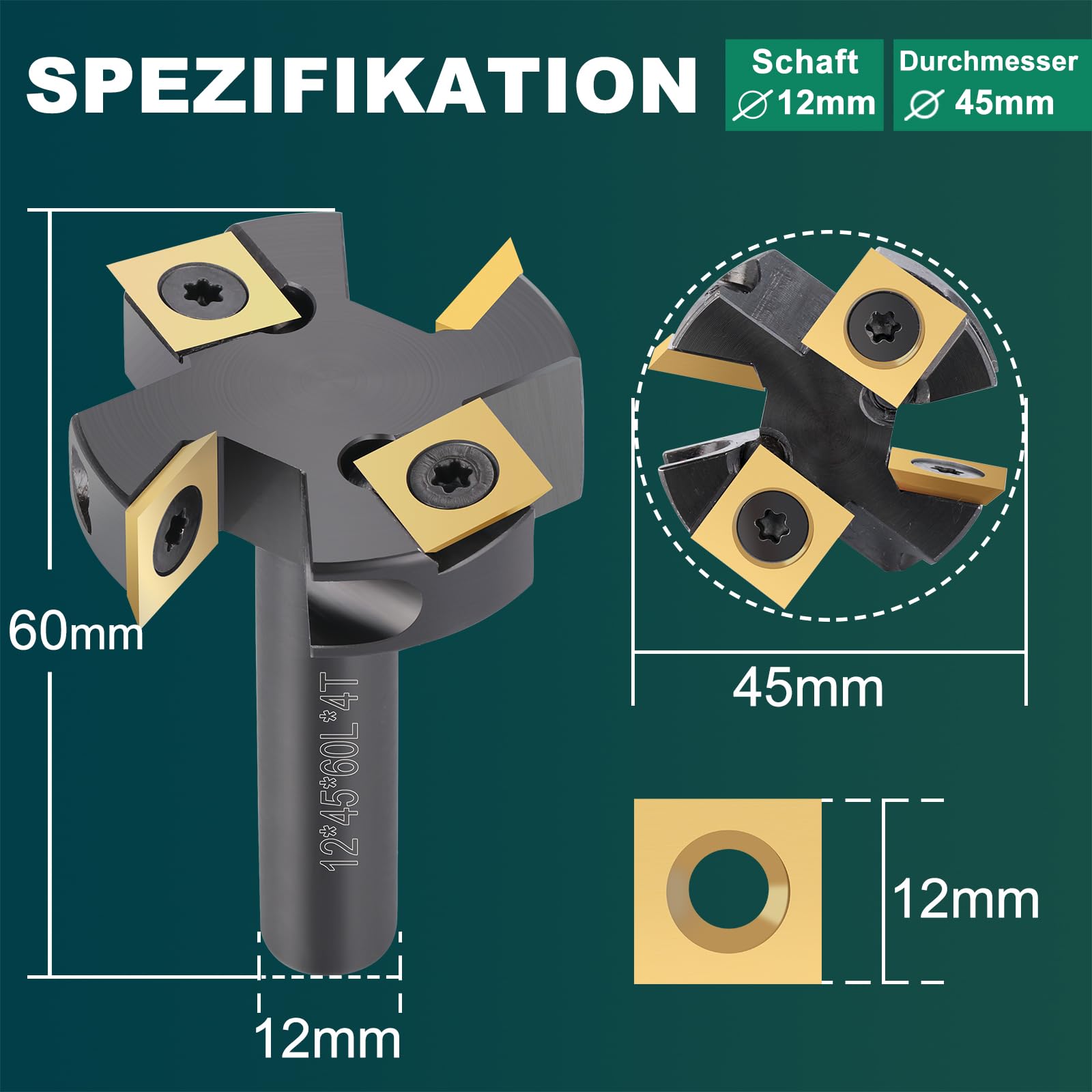 Frez czołowy 12 mm, średnica trzpienia 45 mm, frez do strugania drewna, frez do spłaszczania z twardego metalu TiN-besch, 12 x 12 x 2,2 mm, CNC frez czołowy do frezarek powierzchniowych