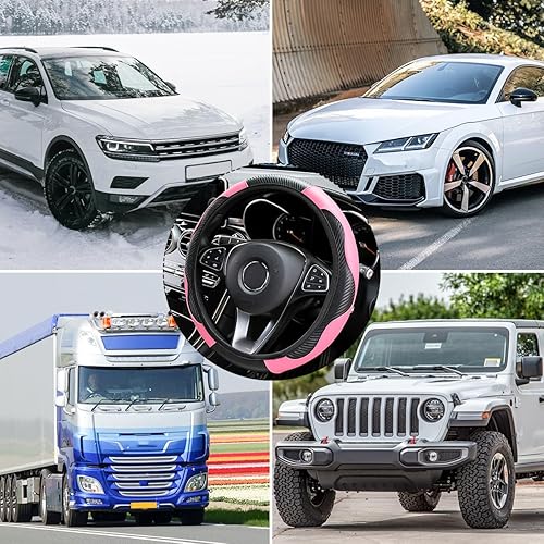 Miniatura 4 de Funda para volante de automóvil, microfibra de fibra de carbono de 15 pulgadas, protector de volante elástico para hombres y mujeres,