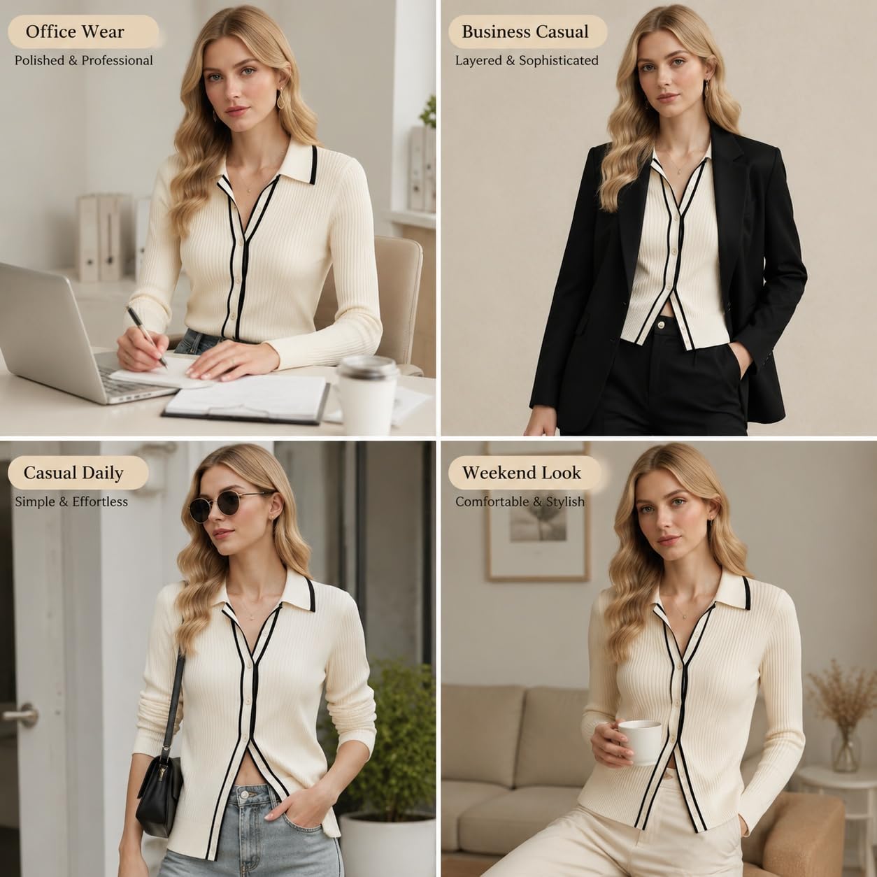 Gilet Cardigan en Maille pour Femme Coupe Ajustée Manches Longues Col Boutonné Léger Col en V Idéal pour Une Tenue Décontractée Au Bureau