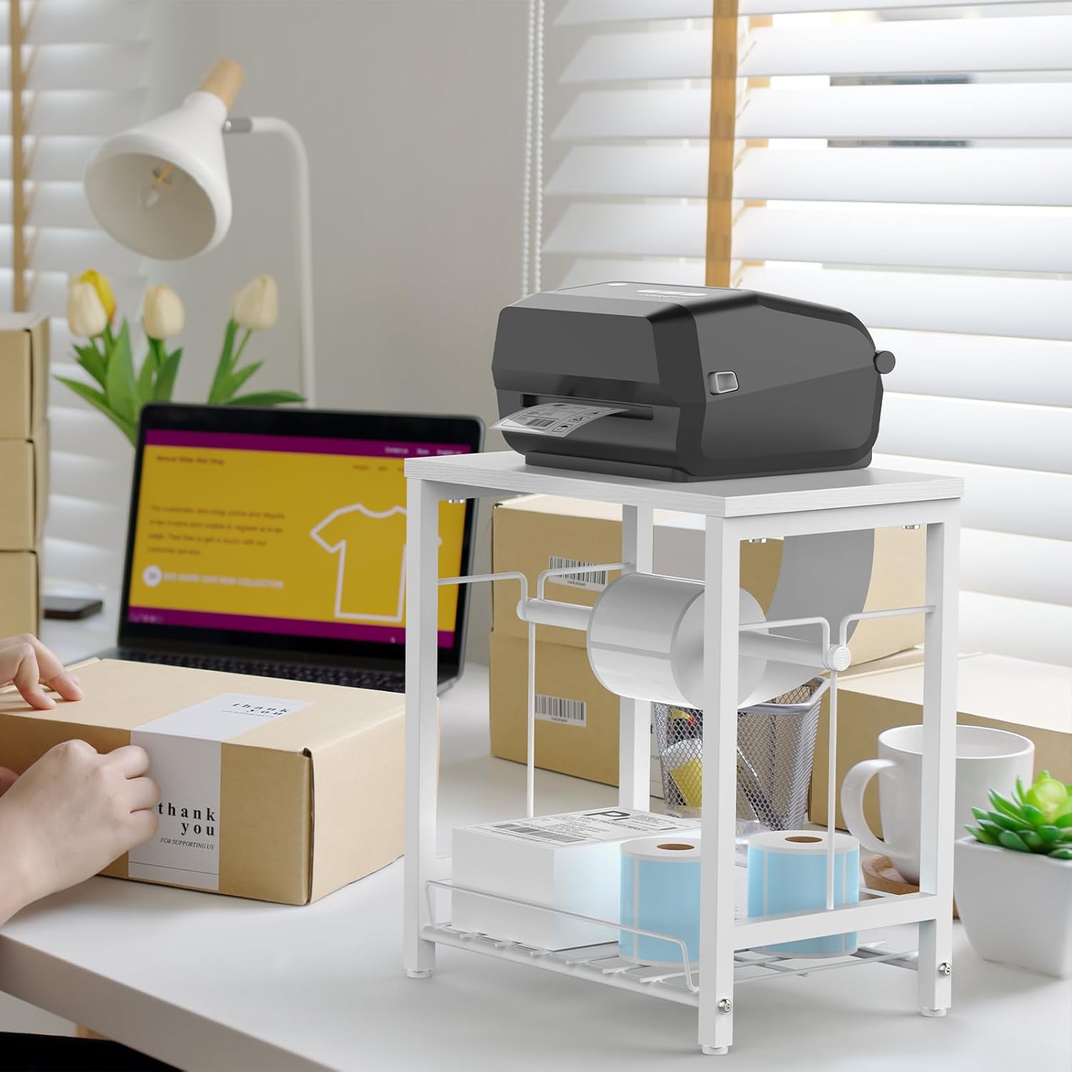 NANANARDOSO Label Holder for Thermal Printer with Basket,Wooden Label Holder for Shipping Label Printer,Sticker Roll Holder for Home, Office Small Business,White - Image 2