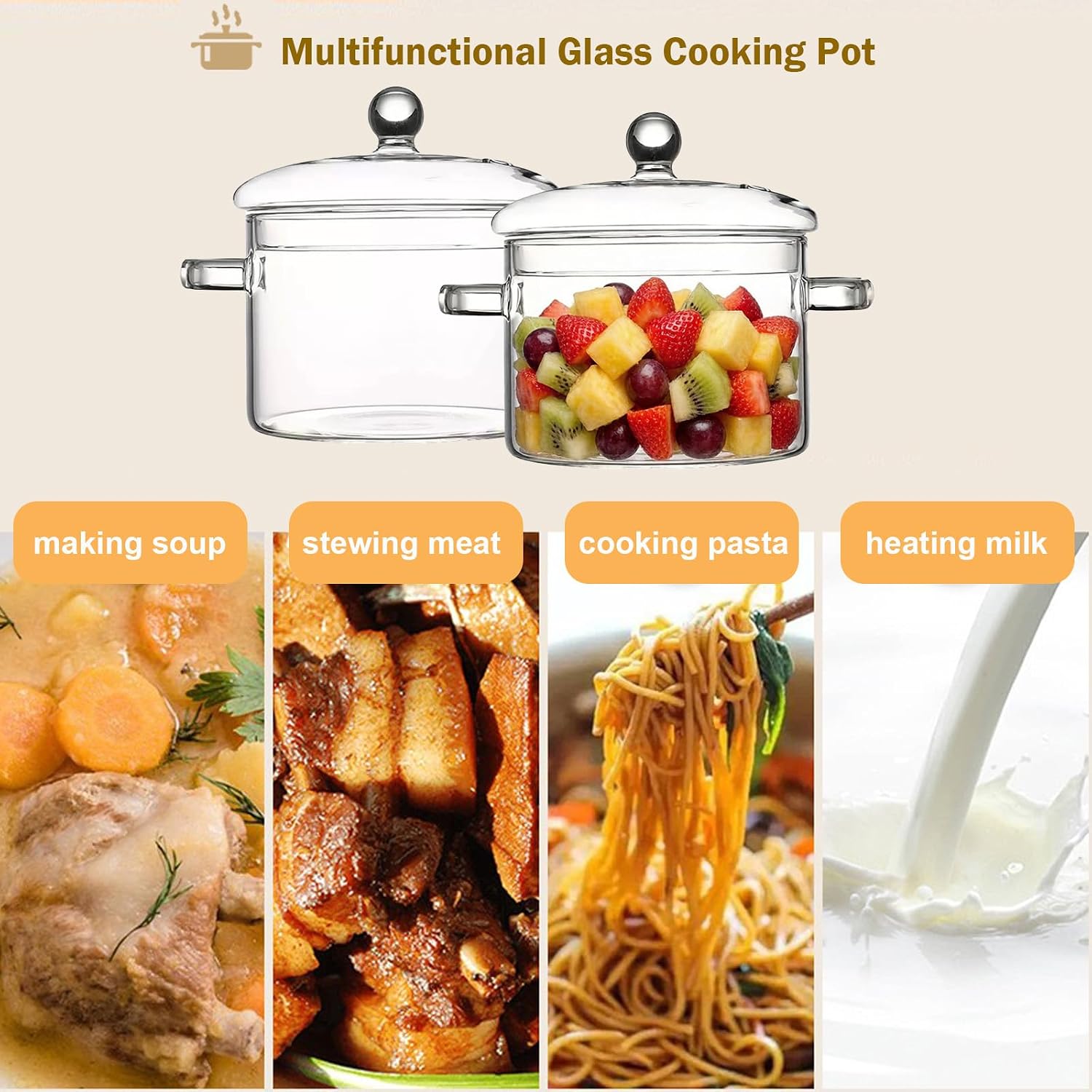 Glass Cooking Pot, 1.5L/50oz Heat-Resistant Simmer Pot with Lid, Clear Pots for Cooking on Stove, Glass Saucepan for Pasta Soup
