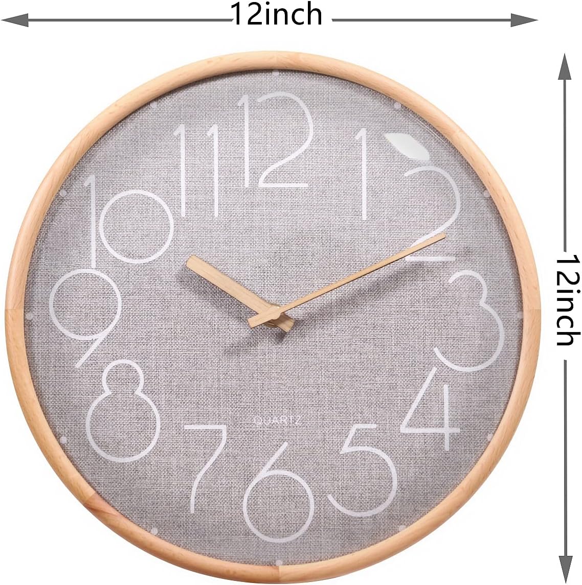 12 Inch Silent Wall Clocks Battery Operated Non Ticking， Wooden Curved Glass Big Numbers Easy to Read，for Home/Office/Classroom/School (Linen Grey)