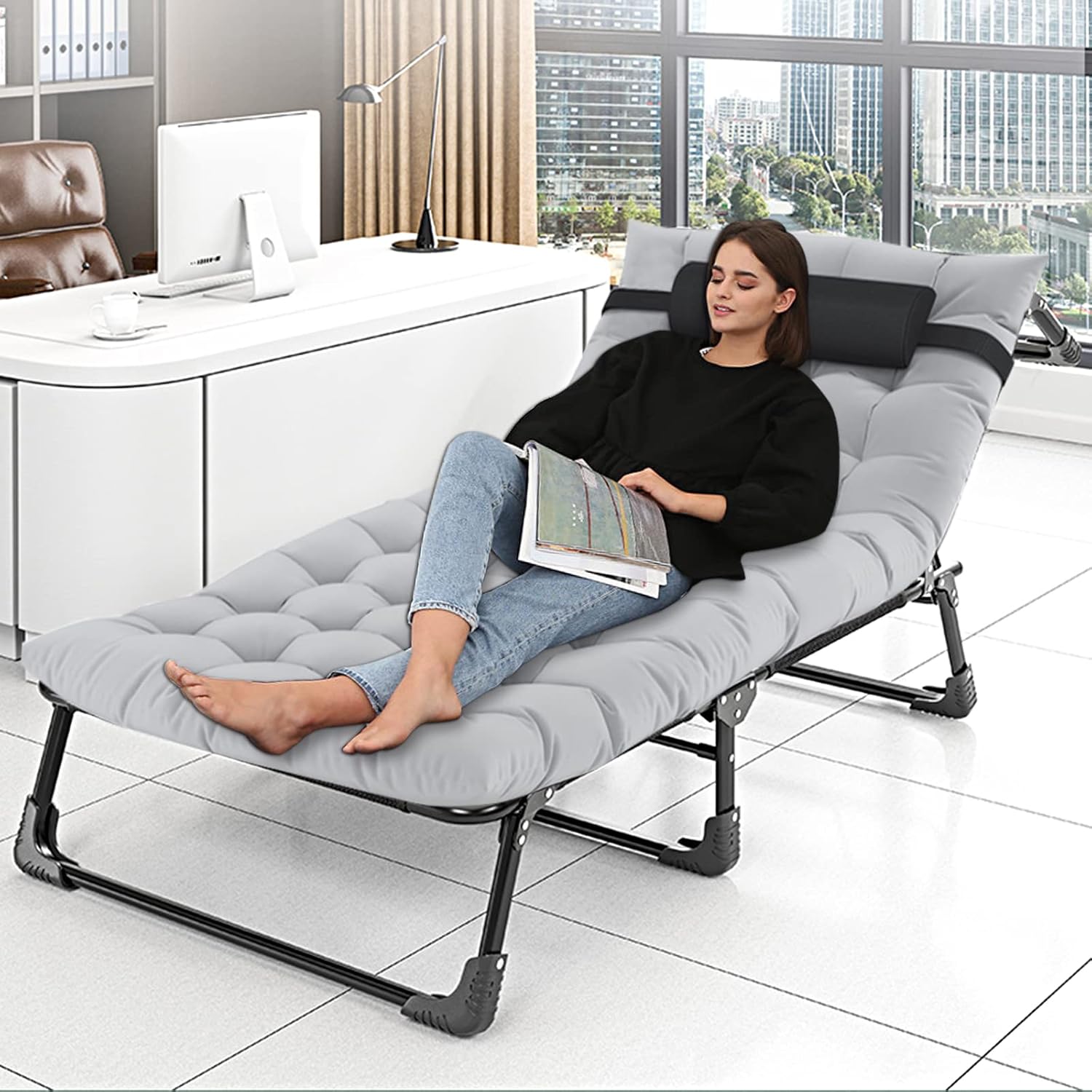 Portable Folding Camping Cot, Adjustable 4-Position Adults Reclining Folding Chaise with Pillow, Outdoor Portable Folding Lounge Chair Sleeping Cots Bed, Perfect for Camping, Pool, Beach, Patio : Sports & Outdoors