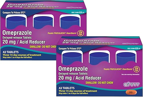 Miniatura 10 de Ohm Omeprazol 20 mg, 14 tabletas de liberación retardada (suministro de 2 semanas) Reductor de ácido para la acidez frecuente, alivio de 24 horas
