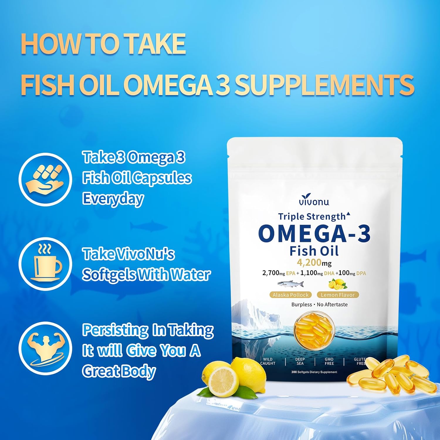 VivoNu Triple Strength Omega 3 Fish Oil - 4200mg, 300 Softgels | Enteric-Coated for No Fishy Aftertaste | Wild-Caught | Third-Party Tested