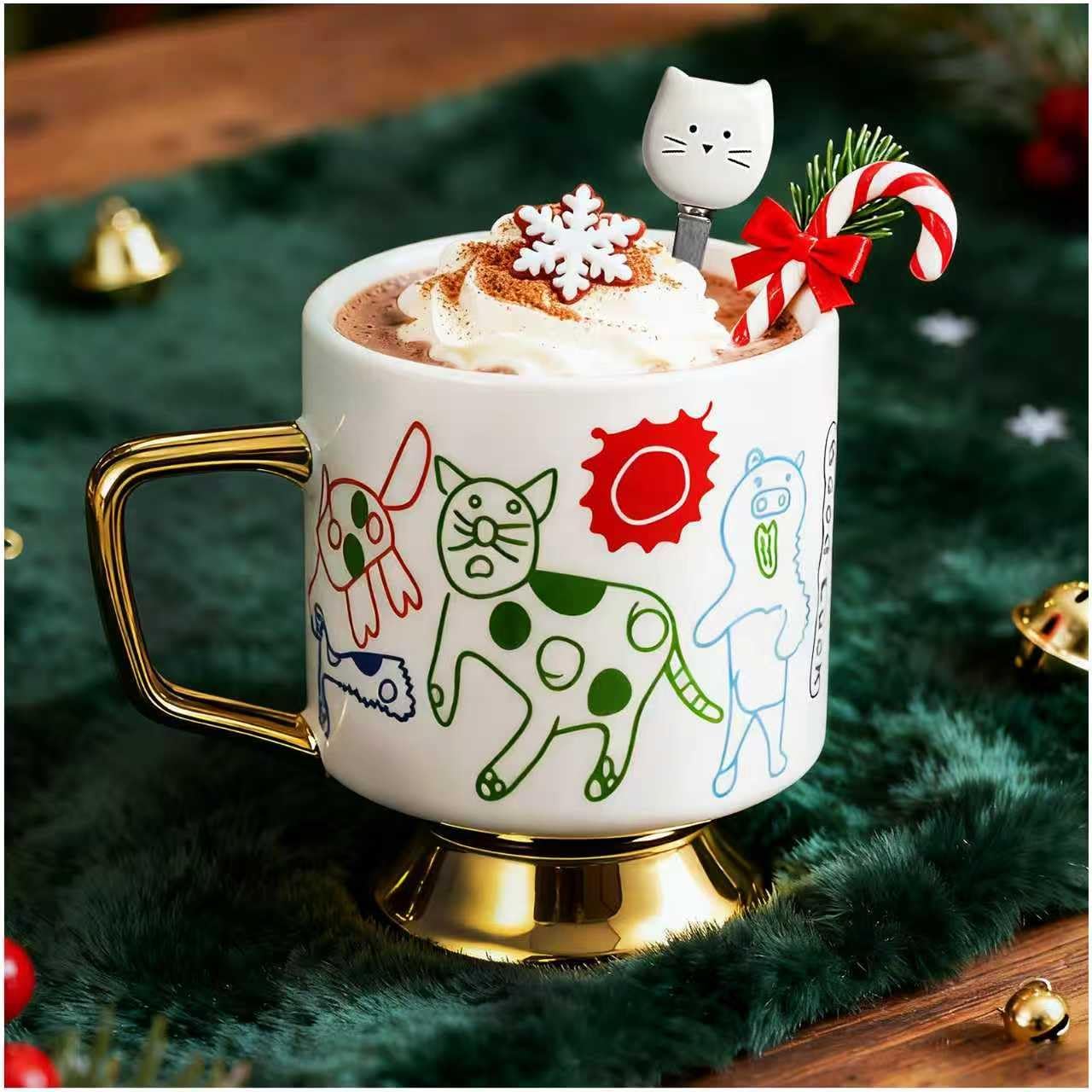 Christmas Mugs Whimsical Animal Ceramic fun Coffee Mug – 14oz Childlike Hand-Drawn Cat, Dog & Bear Design – Cute gothic Coffee Cup Gift for Women, Girls, Kids (white) image 3