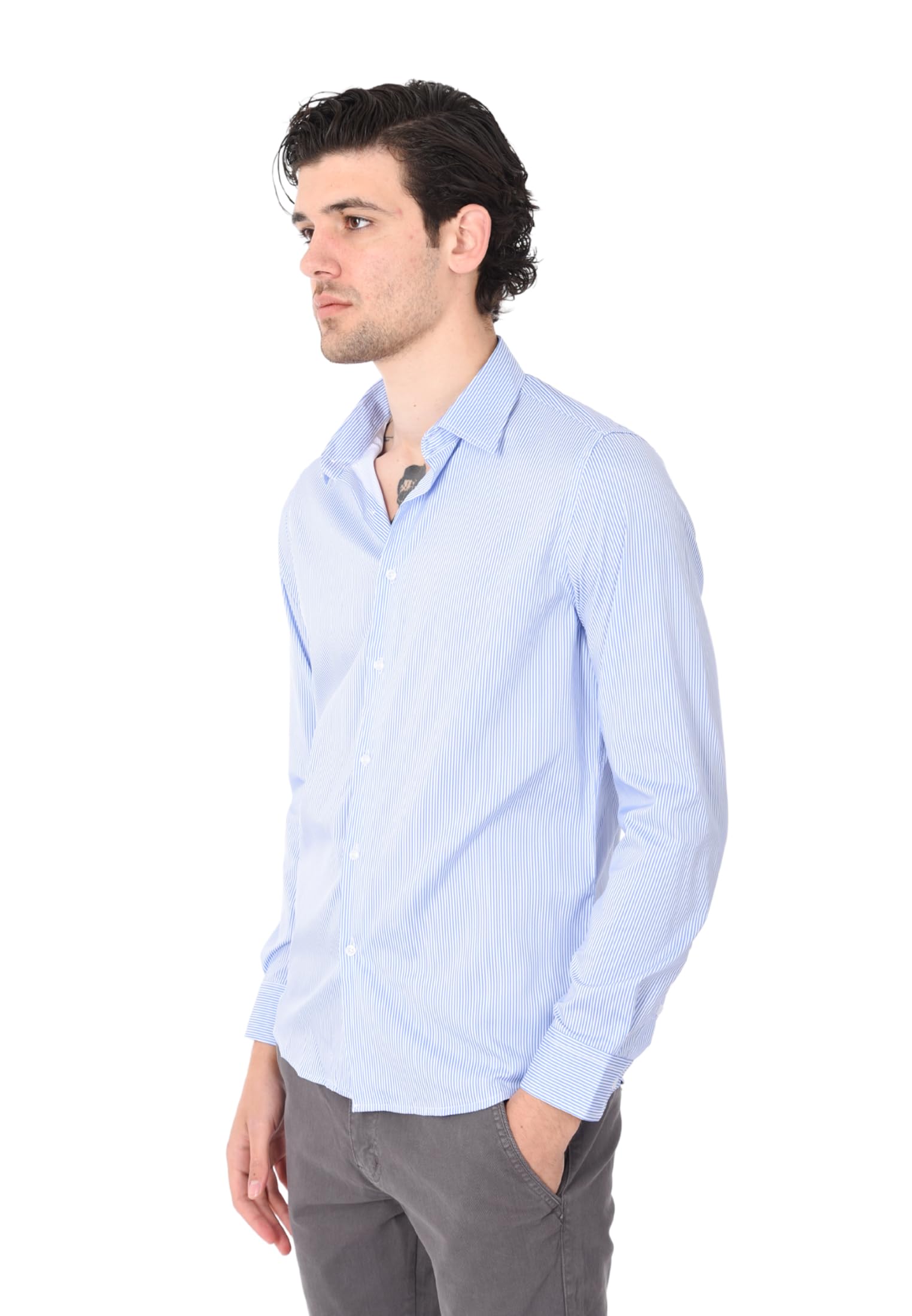 Camisa de hombre Slim Fit elegante 100% algodón estampado a rayas finas manga larga cuello clásico