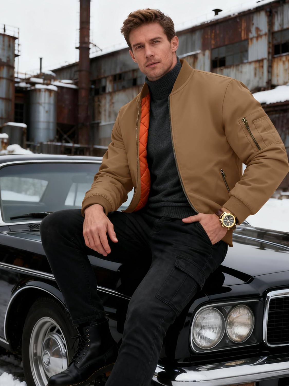 KEFITEVD Bomber Jacket Men Winter Coats Full Zip Windbreaker Mens Jackets Casual Work Coats - Image 2